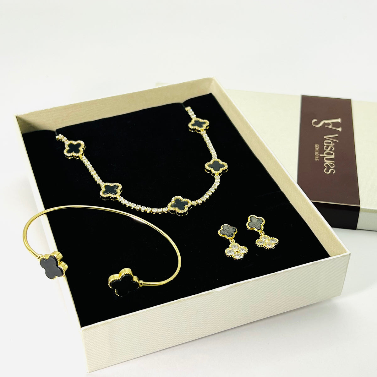 Kit de Semijoias Trevo Alhambra com Ônix | Vasques Semijoias